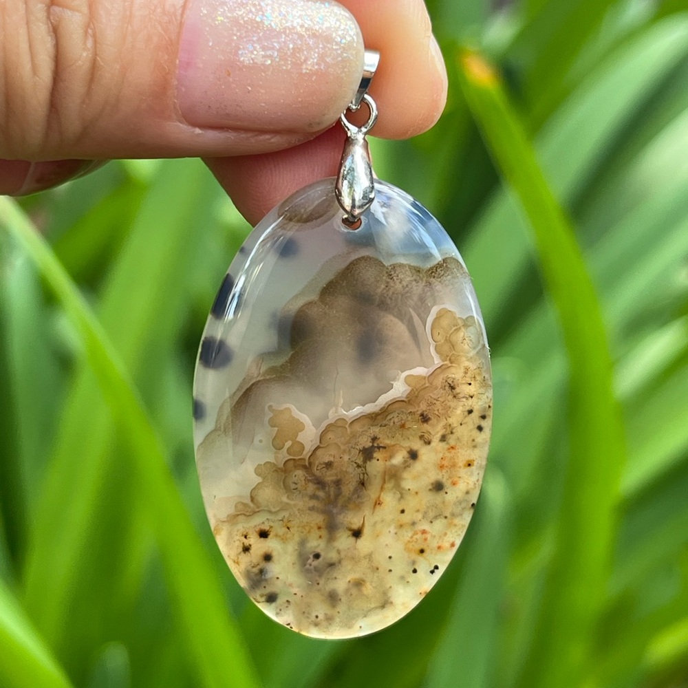 Sterling silver 925‎ stamped oval shape scenery dendritic agate pendant 0047